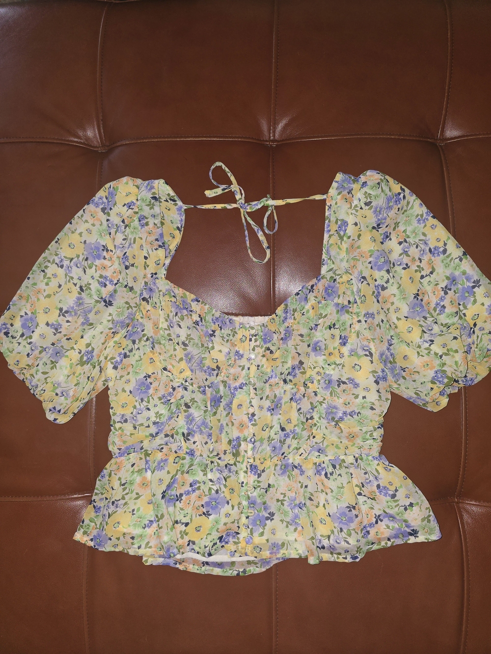 Floral Puff-Sleeve Peplum Top - Yellow & Lavender